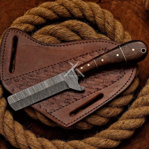 Damascus Cowboy Knife: Bull Cutter with Camel Bone Handle & Leather Sheath