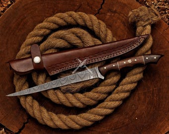 Handmade Damascus Steel Fillet Knife: Rosewood Handle Fishing Gift