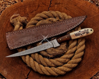Handmade Damascus Steel Fillet Knife: Camel Bone Handle, Fishing Gift
