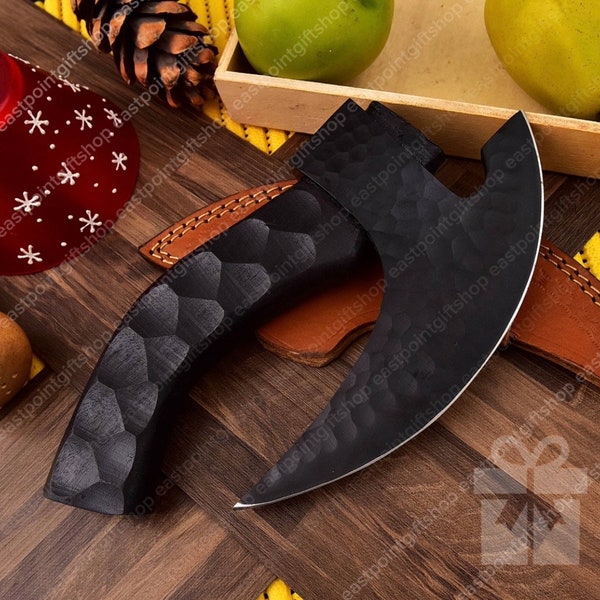 Hand Forged Carbon Steel Ulu Kitchen Knife, Viking Ulu Knives, Pizza Axe With Leather Sheath