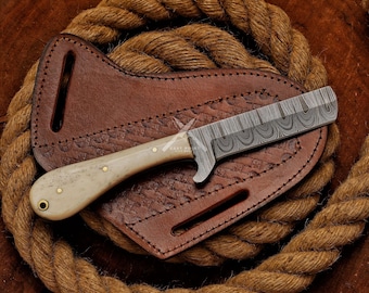 Damascus Steel Bull Cutter Knife: Cowboy Skinner with Leather Sheath