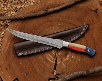 Handmade Damascus Steel Fillet Knife: Rosewood & Camel Bone Handle