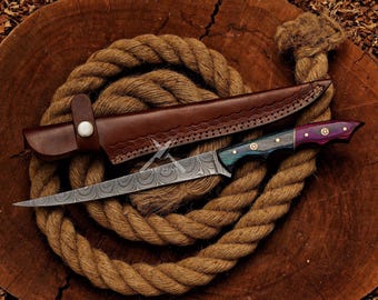 Handmade Damascus Steel Fillet Knife: Camel Bone Handle, Fishing Gift