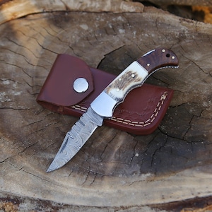 Handmade Damascus Folding Knife, Damascus Pocket Knife With Sheath Personalized Gift, Anniversary gift for him.