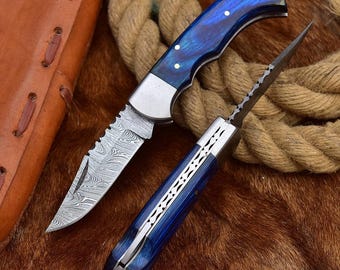 Handmade Damascus Steel Folding Knife, Anniversary Gift