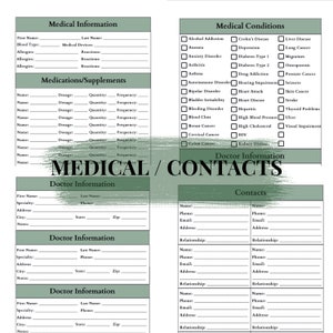 May include: A printable medical and contact information form with green and white text on a white background. The form includes sections for medical information, medical conditions, medications, doctor information, and contacts.