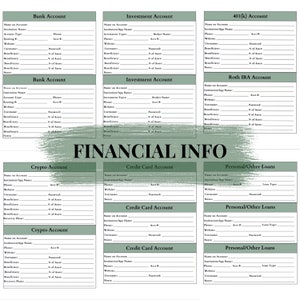 May include: A printable financial information sheet with a green background and the title "FINANCIAL INFO". The sheet includes sections for different types of accounts, such as bank accounts, investment accounts, credit cards, and loans. Each section has fields for account name, institution name, account number, username, password, and beneficiary information.