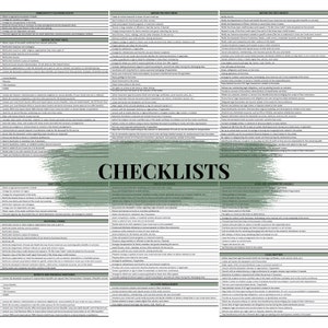 May include: A green and white checklist for end-of-life events, including the first week, first month, and legal matters. The checklist includes tasks such as notifying family and friends, arranging funeral services, and managing finances.
