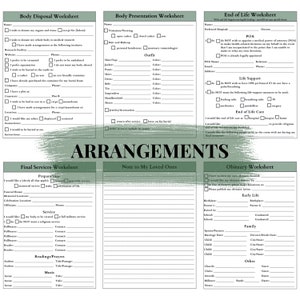 May include: A worksheet with a green background and white text, titled "End of Life Worksheet". The worksheet includes sections for preferred hospital, POA, life support, end of life care, and obituary information.