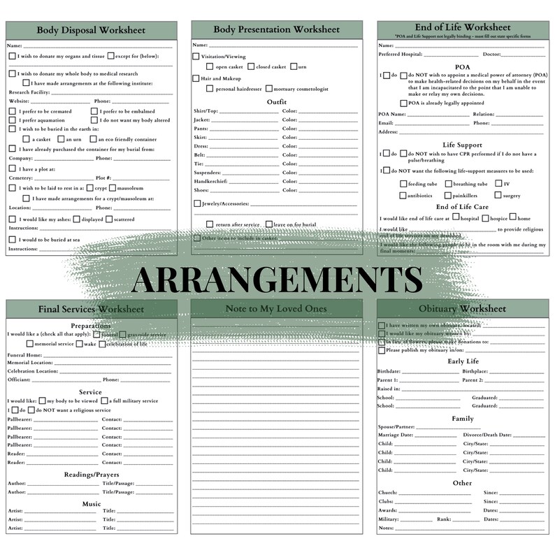 May include: A worksheet with a green background and white text, titled "End of Life Worksheet". The worksheet includes sections for preferred hospital, POA, life support, end of life care, and obituary information.