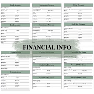 Pu&ograve; includere: Un foglio di informazioni finanziarie stampabile con sezioni per conti bancari, conti di investimento, conti 401(k), IRA Roth, conti crittografici, conti di carte di credito e prestiti personali. Il testo "FINANCIAL INFO" &egrave; al centro.