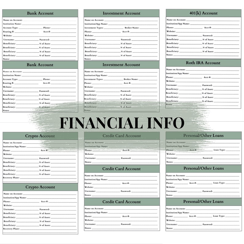 Pu&ograve; includere: Un foglio di informazioni finanziarie stampabile con sezioni per conti bancari, conti di investimento, conti 401(k), IRA Roth, conti crittografici, conti di carte di credito e prestiti personali. Il testo "FINANCIAL INFO" &egrave; al centro.