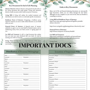 Pu&ograve; includere: Un documento stampabile intitolato "Documenti importanti" con sezioni per la pianificazione della fine della vita. Include elenchi di effetti personali e posizioni di file importanti. Il testo include collegamenti a documenti chiave.