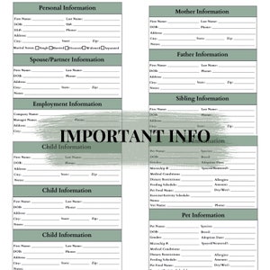 Pu&ograve; includere: Un modulo stampabile con sezioni per informazioni personali, coniuge/partner, lavoro, figli e animali domestici. Il modulo include campi per nomi, date, indirizzi e dettagli di contatto. Il testo "IMPORTANT INFO" &egrave; sovrapposto.