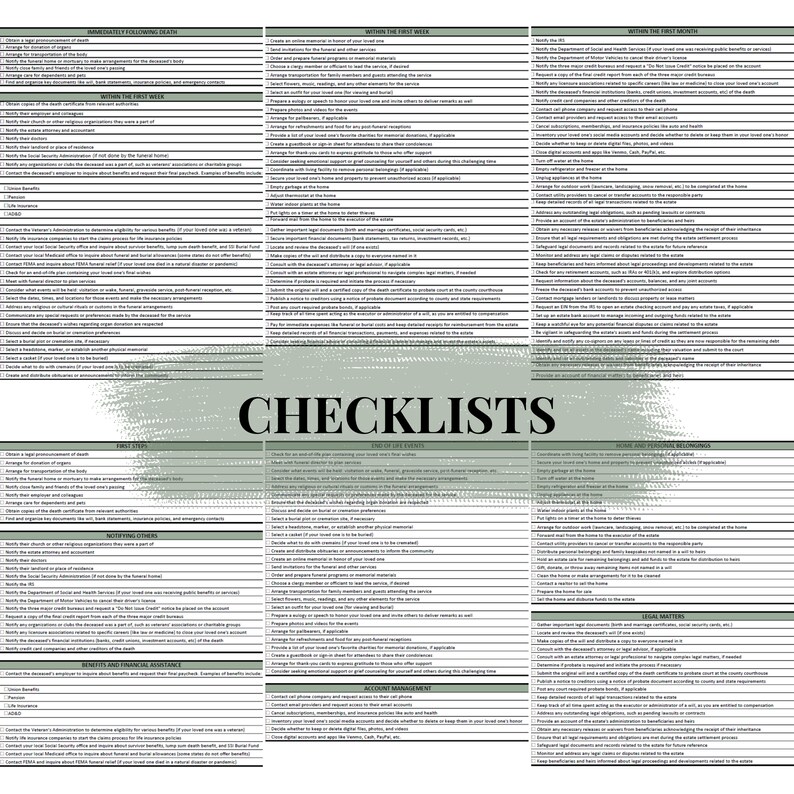 Pu&ograve; includere: Un elenco dettagliato con attivit&agrave; suddivise in categorie come "Primi passi", "Entro la prima settimana" e "Entro il primo mese". Il documento &egrave; su sfondo bianco con una sovrapposizione verde e la parola "CHECKLISTS" in grandi lettere nere in grassetto.