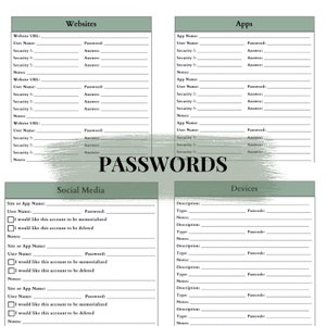 Pu&ograve; includere: Un taccuino per password con sezioni per siti web, app, social media e dispositivi. Ogni sezione ha campi per nomi utente, password, domande di sicurezza e note. La parola "PASSWORDS" &egrave; al centro.