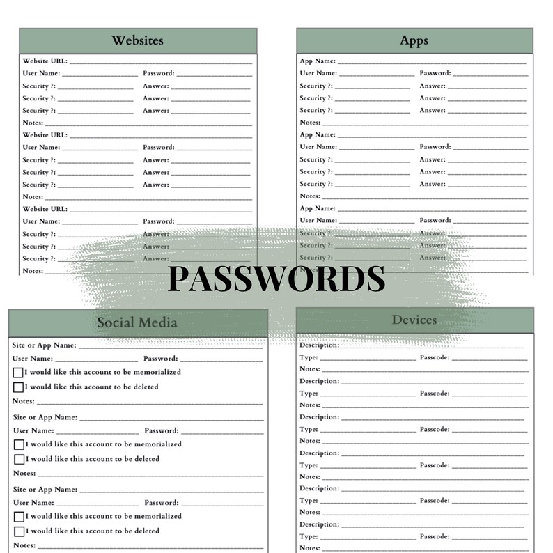 Pu&ograve; includere: Un taccuino per password con sezioni per siti web, app, social media e dispositivi. Ogni sezione ha campi per nomi utente, password, domande di sicurezza e note. La parola "PASSWORDS" &egrave; al centro.