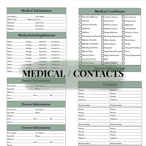 Pu&ograve; includere: Un modulo di informazioni mediche e contatti con sezioni per la storia clinica, i farmaci e le informazioni del medico. Il modulo include caselle di controllo per varie condizioni mediche e dati di contatto.