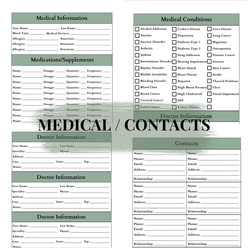 Pu&ograve; includere: Un modulo di informazioni mediche e contatti con sezioni per la storia clinica, i farmaci e le informazioni del medico. Il modulo include caselle di controllo per varie condizioni mediche e dati di contatto.