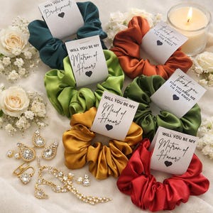 Rust Bridesmaid Silk Satin Scrunchies Burnt Orange Proposal Box Bridesmaid Gifts Terracotta Silk Hair Ties Burnt Orange Sage Wedding