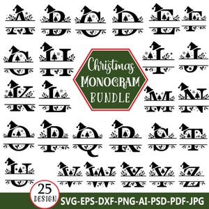 Może przedstawiać: Zestaw 25 świątecznych wzorów monogramów w formatach SVG, EPS, DXF, PNG, AI, PSD i PDF. Każdy wzór przedstawia literę alfabetu ozdobioną czapką Świętego Mikołaja, choinką i elementami dekoracyjnymi.