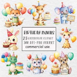 Birthday Animals Clipart: Watercolor PNG Bundle (Commercial Use)