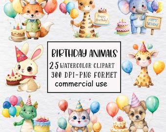Clipart de animales de cumpleaños: Paquete PNG de acuarela (uso comercial)