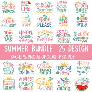 Könnte beinhalten: Eine Sammlung von 25 sommerlichen Designs mit Sätzen wie "Summer Vibes", "Beach Babe", "Good Vibes Only" und "Summer State of Mind". Die Designs sind in verschiedenen Farben und Schriftarten gehalten und beinhalten Bilder von Palmen, Ananas und Wassermelonen.
