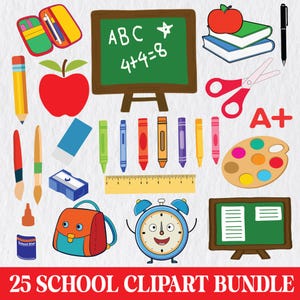 Schulmaterial Clipart-Bundle: Buntstifte, Bleistifte, Pinnwand (PNG-Dateien)