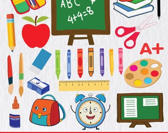 Paquete de imágenes prediseñadas de útiles escolares: crayones, lápices y tablón de anuncios (archivos PNG)
