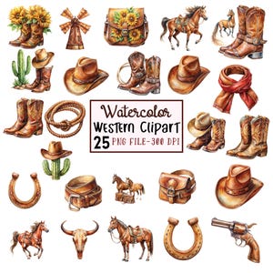 Aquarell WESTERN Clipart - Texas Cowboy Ranch PNG-Format, sofortiger Download für kommerzielle Nutzung, digitale Dateien, hochwertige Western Clipart