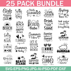 Könnte beinhalten: Eine Sammlung von 25 schwarzen SVG-Designs zum Thema Sommer. Die Designs enthalten Sätze wie "Hello Summer", "Beach Babe" und "Mermaid Squad" sowie Strandgrafiken. Das Bundle ist in verschiedenen Dateiformaten erhältlich.