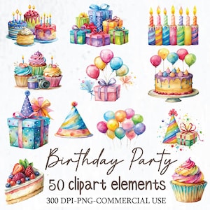 50 Birthday Party clipart, party clipart, happy birthday, balloons clipart, birthday party invitations, PNG, Commercial Use,Digital Download