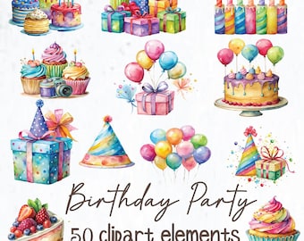Clipart de fiesta de cumpleaños: 50 diseños PNG (descarga digital)