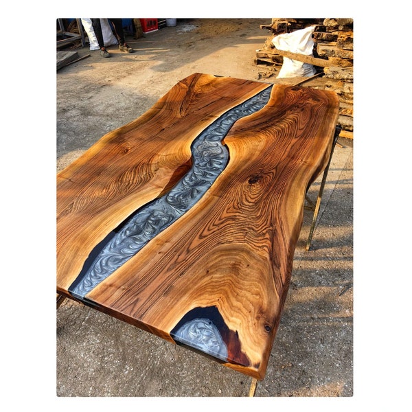 Gray Epoxy River Dining Table,Walnut slice conference table,live edge kitchen table,