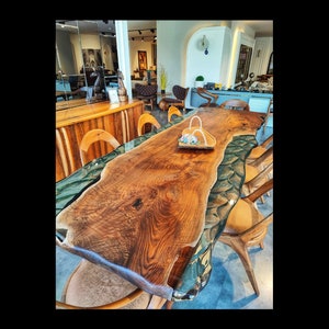 Live edge green epoxy walnut table, curved edge dining table, confenece room table, office furniture