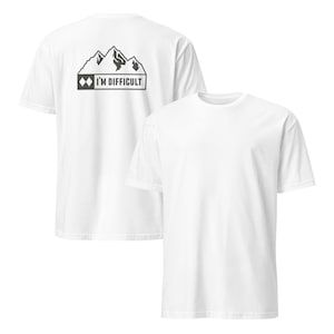 May include: White t-shirts featuring a black mountain graphic and the text "I'M DIFFICULT". The graphic is on the back of one shirt. The other shirt is plain white. The shirts are short-sleeved and made of a soft material.