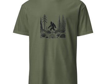 Bigfoot in the Woods Short-Sleeve Unisex T-Shirt, Sasquatch T-Shirt, Party Tee Shirt,  Outdoors T-shirt