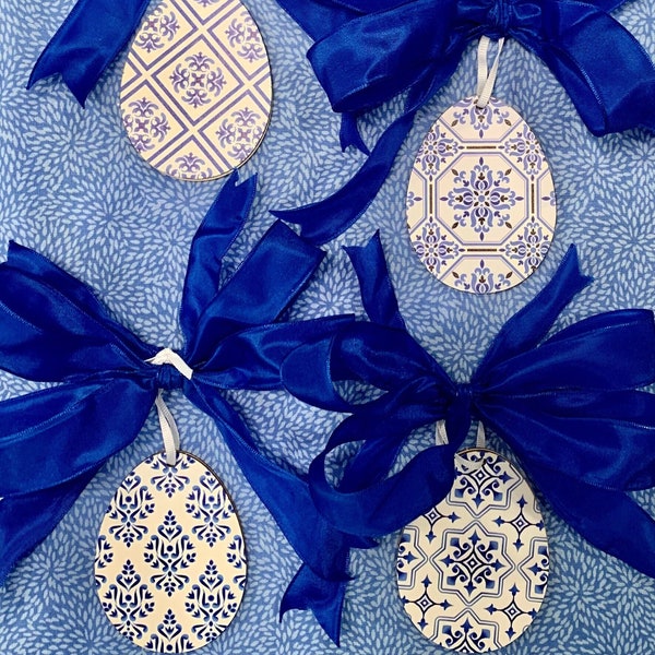 Blue and White Chinoiserie Easter Egg Ornaments or Napkin Rings