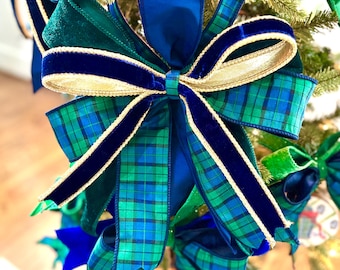 Blackwatch Plaid Bows, Blue and Green Plaid Holiday Bows for Christmas Trees, Wreaths and Garlands