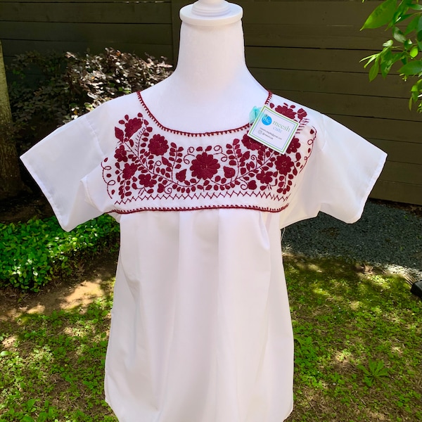 Mexican Embroidered Top, Short Sleeved Maroon and White Blouse