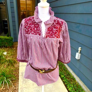 Maroon Embroidered Blouse, Gingham Ruffle Collar Top, Aggie Maroon Blouse