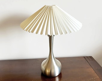 Modern Silver Metal Table Lamp with Handmade Pleated Fabric Lampshade