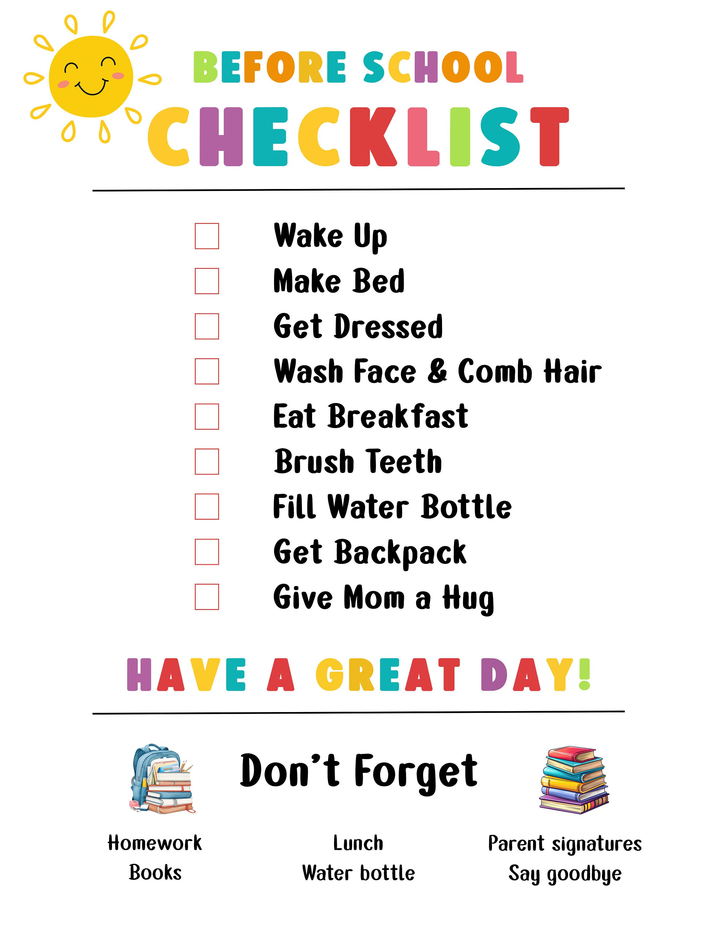 Printable Morning Checklist for Kids, Kids Before School Checklist, Morning Checklist, Printable Checklist (pdf download file)
