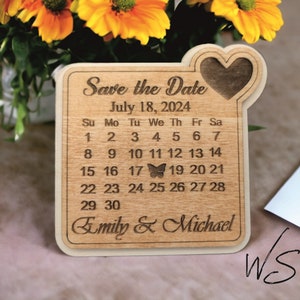 Calendario quadrato in legno a forma di cuore, salva la data, calendario magnetico, annuncio di un giorno speciale, annuncio di matrimonio, calendario, salva la data.