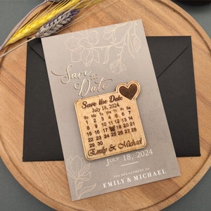 Calendar Wood Save The Date | Unique Magnet Design with Backing Cards | Modern Save Our Date Calendar Magnet and Card + Envelope