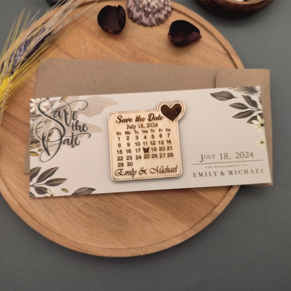 Calendar Magnet Save the Date, Wood Save the Date, Custom Save the Date, Personalized Engraved Wood Magnet, Laser Cut Magnet, Kraft Envelope