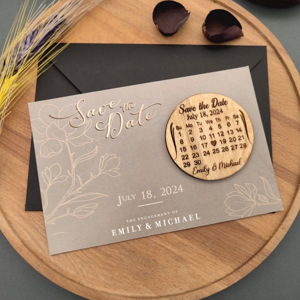 Refrigerator magnet, Wedding invitation, Wedding announcement, Save the date magnet, Wood magnet, Calendar magnet, Gray Save the Date Cards