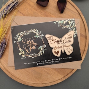 Save The Date-magneet, Save The Date-kaarten, vlindermagneet en zwarte bloemenkaart, trouwaankondiging, aangepaste Save the Date, gratis envelop