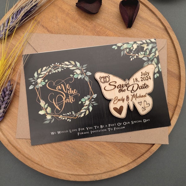 Save The Date Magnet, Save The Date Cards, Butterfly Magnet and Floral Black Card, Wedding Announcement, Custom Save the date, Free Envelope